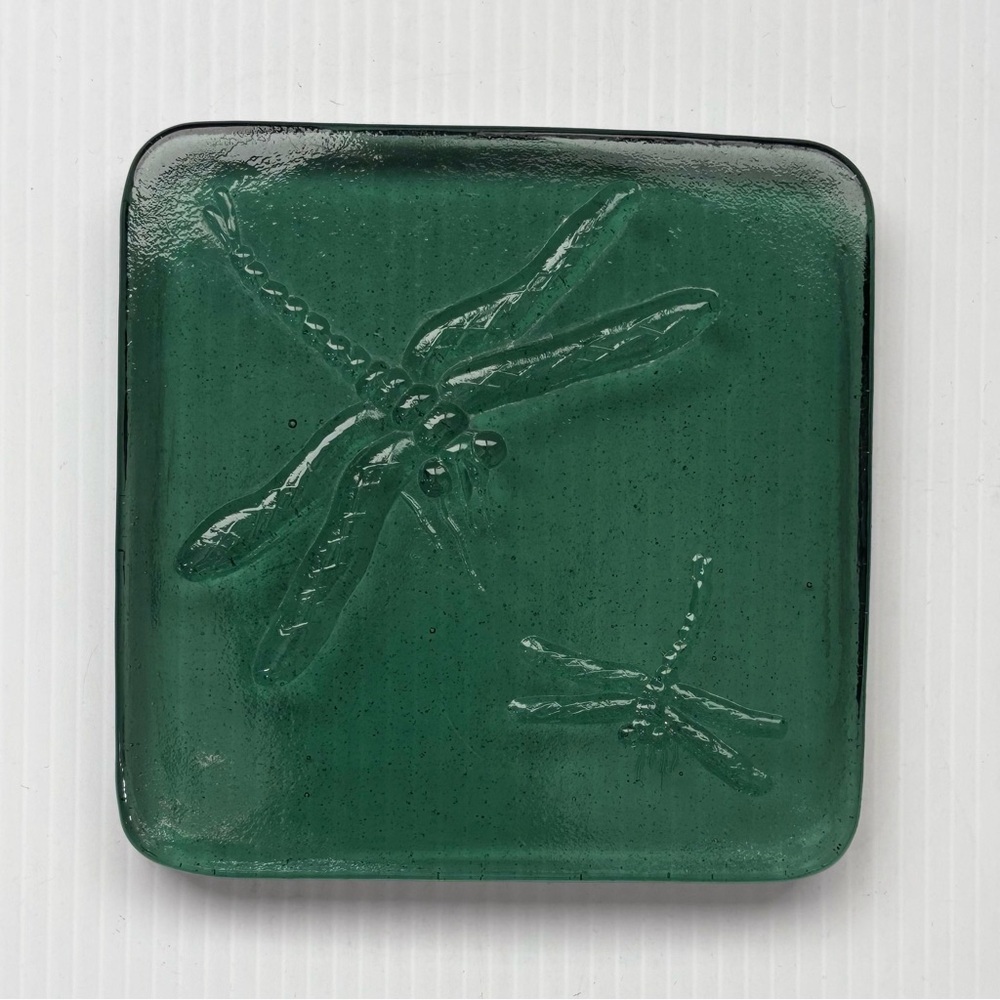 Dragonfly Glass Block Paperweight Tile 5.5" Square .75" Thick Aqua Green - Picture 1 of 6
